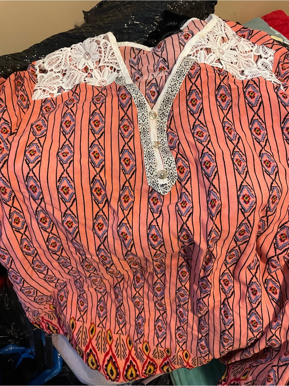 Coral Lace-Trim Printed Tunic Top
